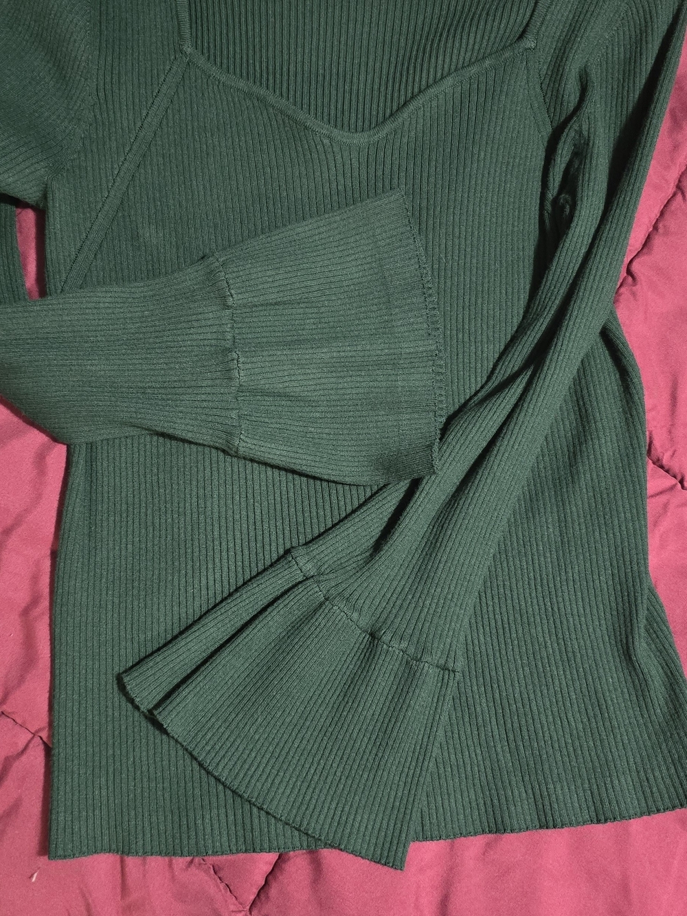 LOFT Forest Green Ribbed Bell Sleeve Top